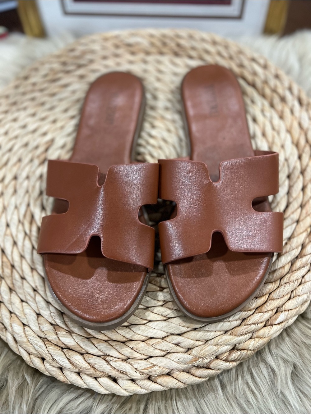 Women's Brown Slide Sandals with Wide Cutout Strap